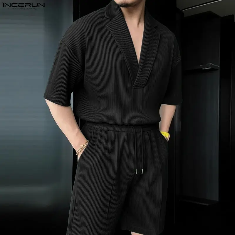 Mens Fashion Casual 2026 - INCERUN Herren-Sets Einfarbiges Revers-Kurzarmhemd & Shorts
