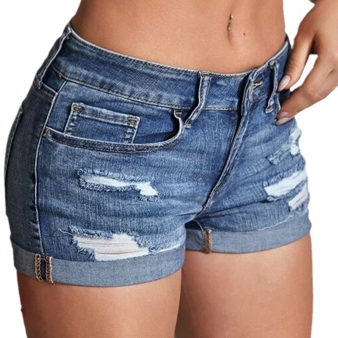 Skinny Jeans Ripped - High-Waist Washed Denim Shorts, Distressed Skinny