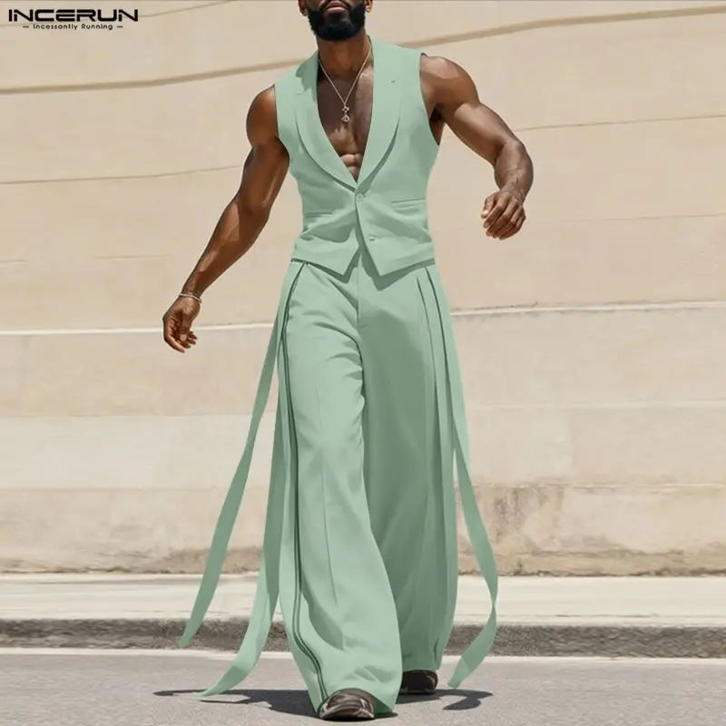 Mens Fashion Casual 2026 - INCERUN Herren-Sets Einfarbige V-Ausschnitt Ärmellose Westen