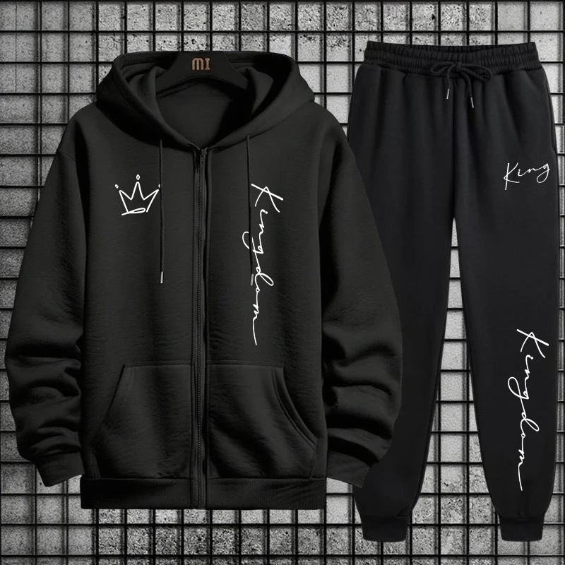 Men'S Fashion Zipper Hoodie - King Letter Print Hoodie und Jogginghose