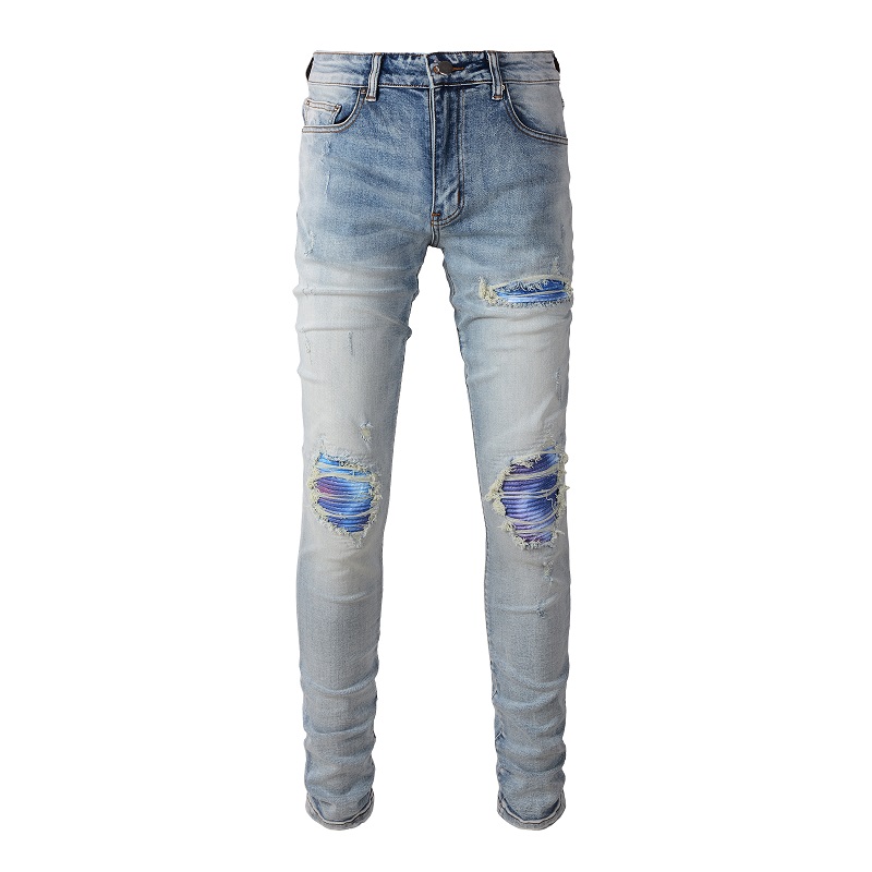 Skinny Jeans Ripped - Männer Patches Jeans Streetwear hellblaue High