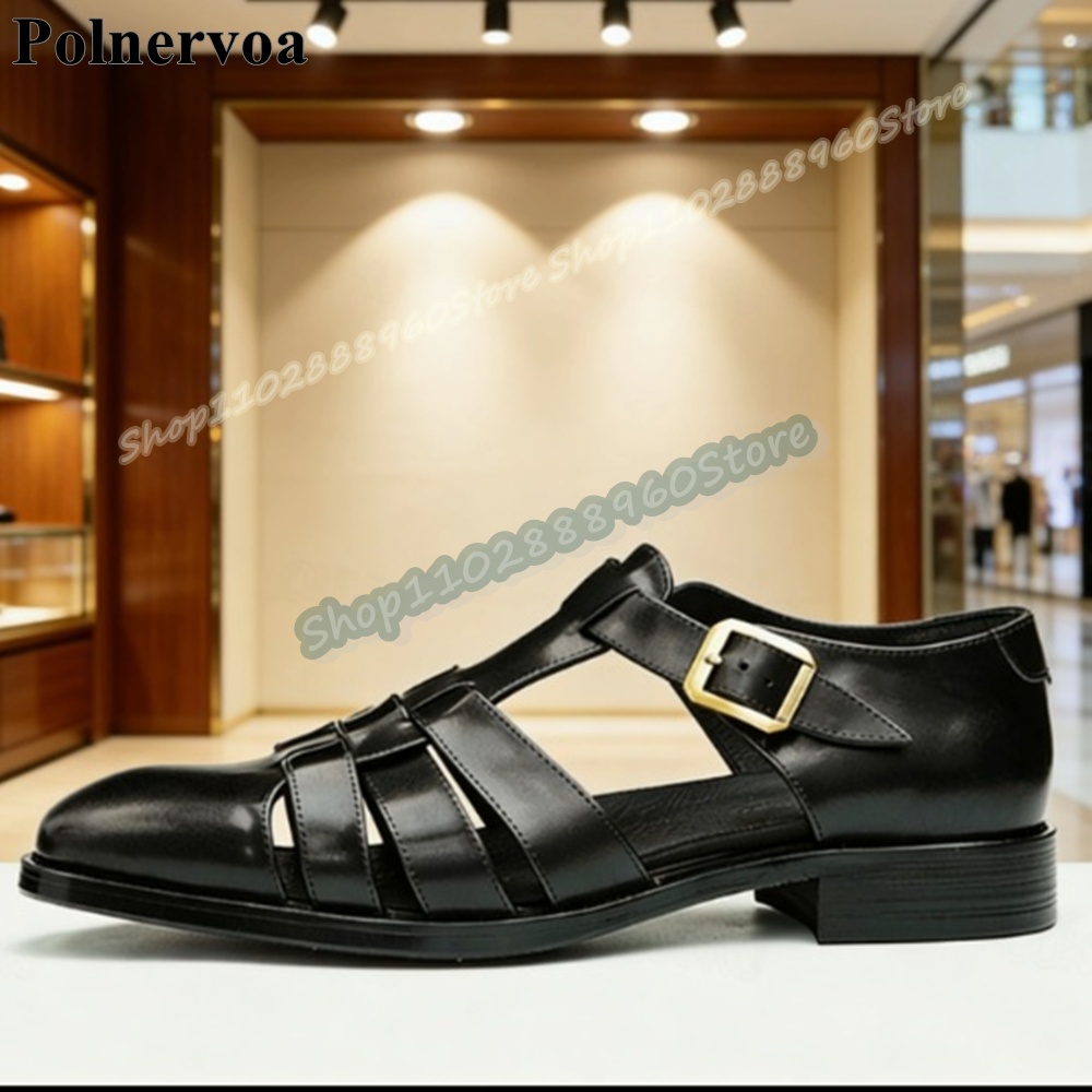 Mens Fashion Trend 2026 - Trendige schwarze Ledersandalen mit gewebtem Riemen