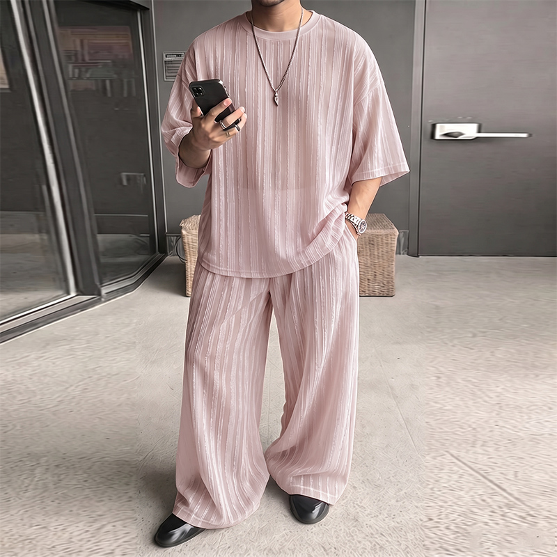 Men'S Fashion Essentials - INCERUN Herren-Sets Gestreiftes Durchsichtiges Kurzarm-T-Shirt und