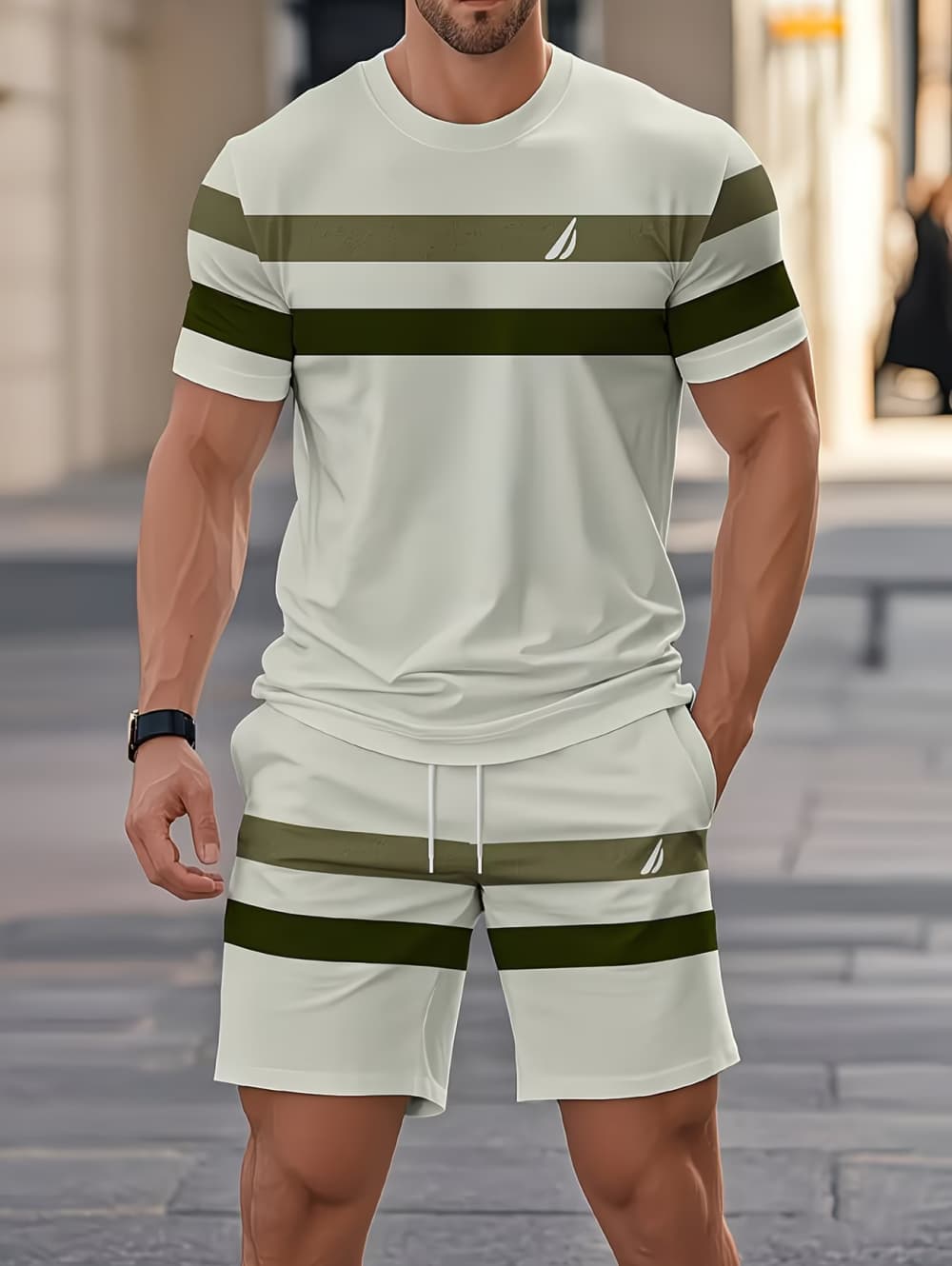 Men'S Fashion Essentials - Herren-Sommer-Sets, lustiges 3D-Streifen-Print-Kurzarm-T-Shirt + Shorts, 2-teiliges