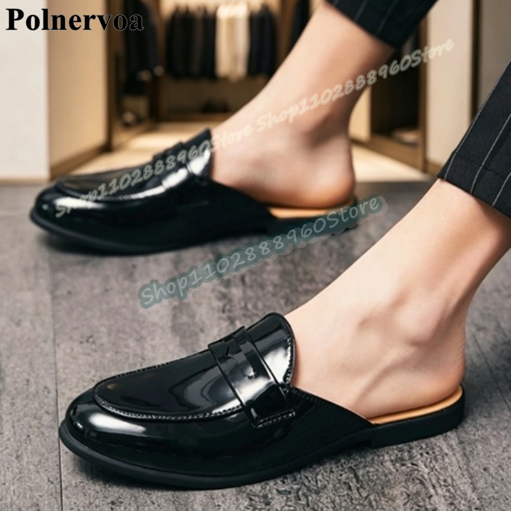 Mens Fashion Trend 2026 - Trendige schwarze Lackleder-Hausschuhe für Herren, flache