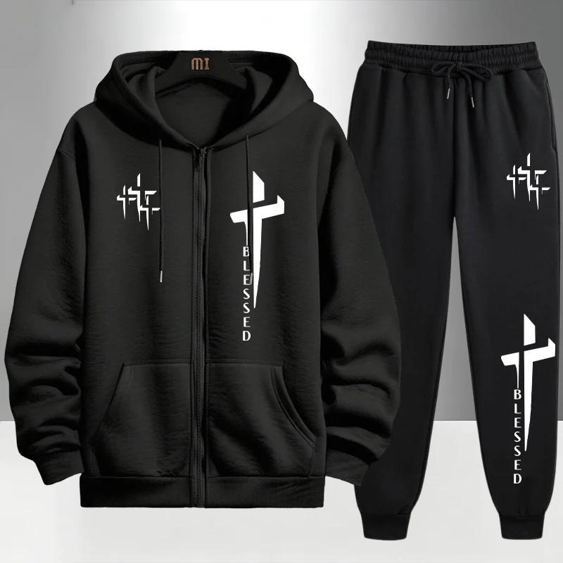 Men'S Fashion Zipper Hoodie - Cross Blessed Print Trainingsanzug für Herren,