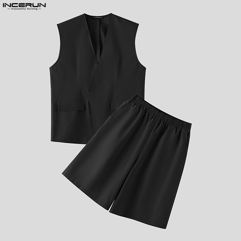 Mens Fashion Casual 2026 - INCERUN Herren-Sets Einfarbige V-Ausschnitt Ärmellose Westen